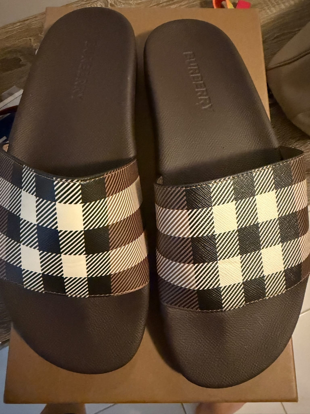 Burberry Check Slide Sandals in Black & Beige